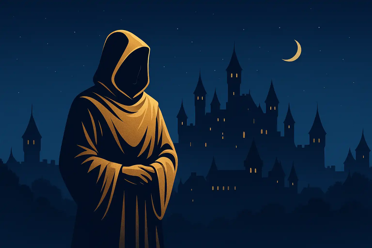 Gold-robed mascot silhouette before a night-blue castle skyline