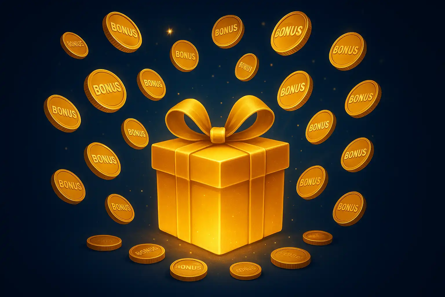 Glowing gold gift box with bonus coins raining over a night-blue background