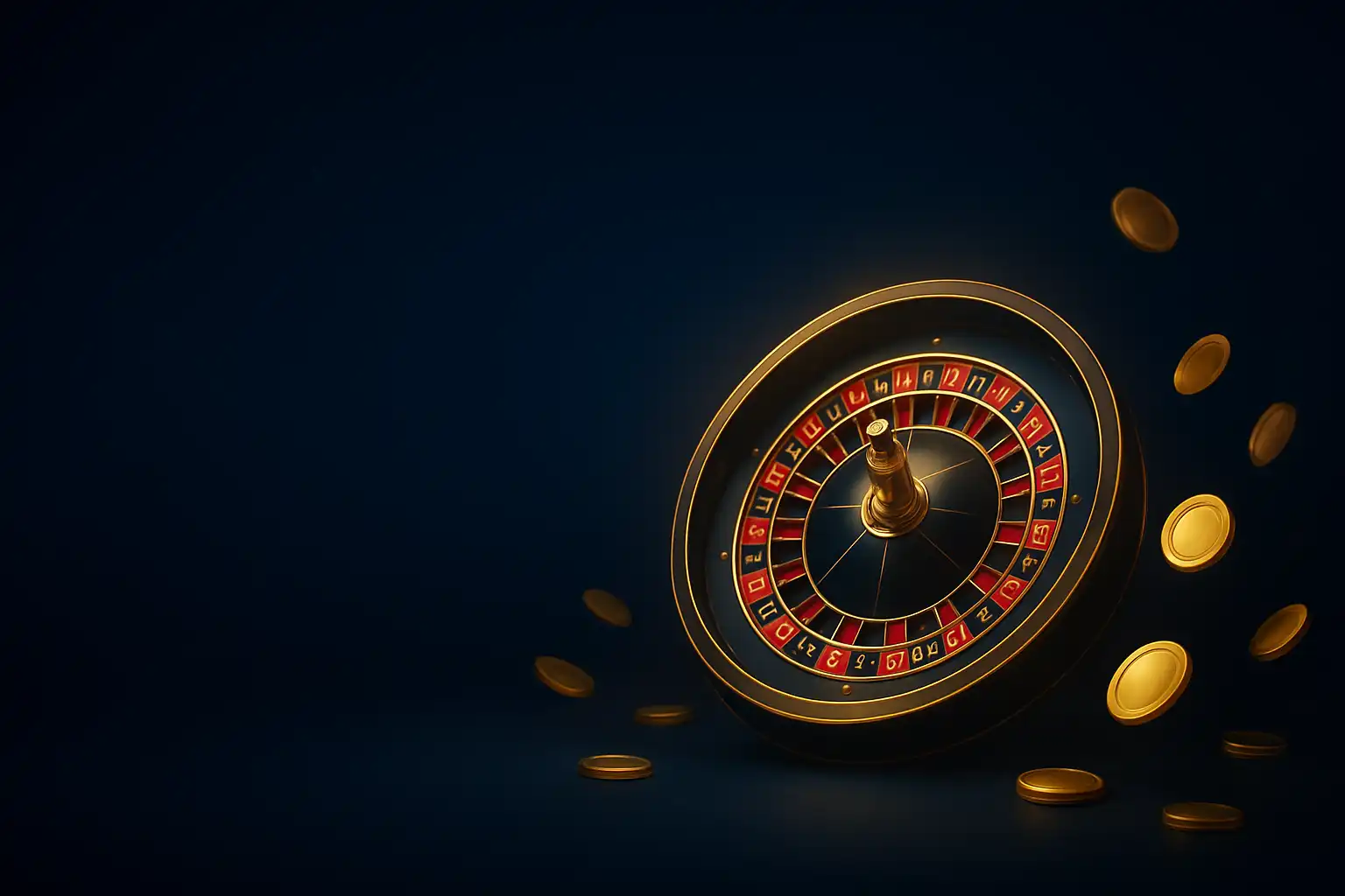 Night-blue casino lobby with glowing gold roulette wheel and coins