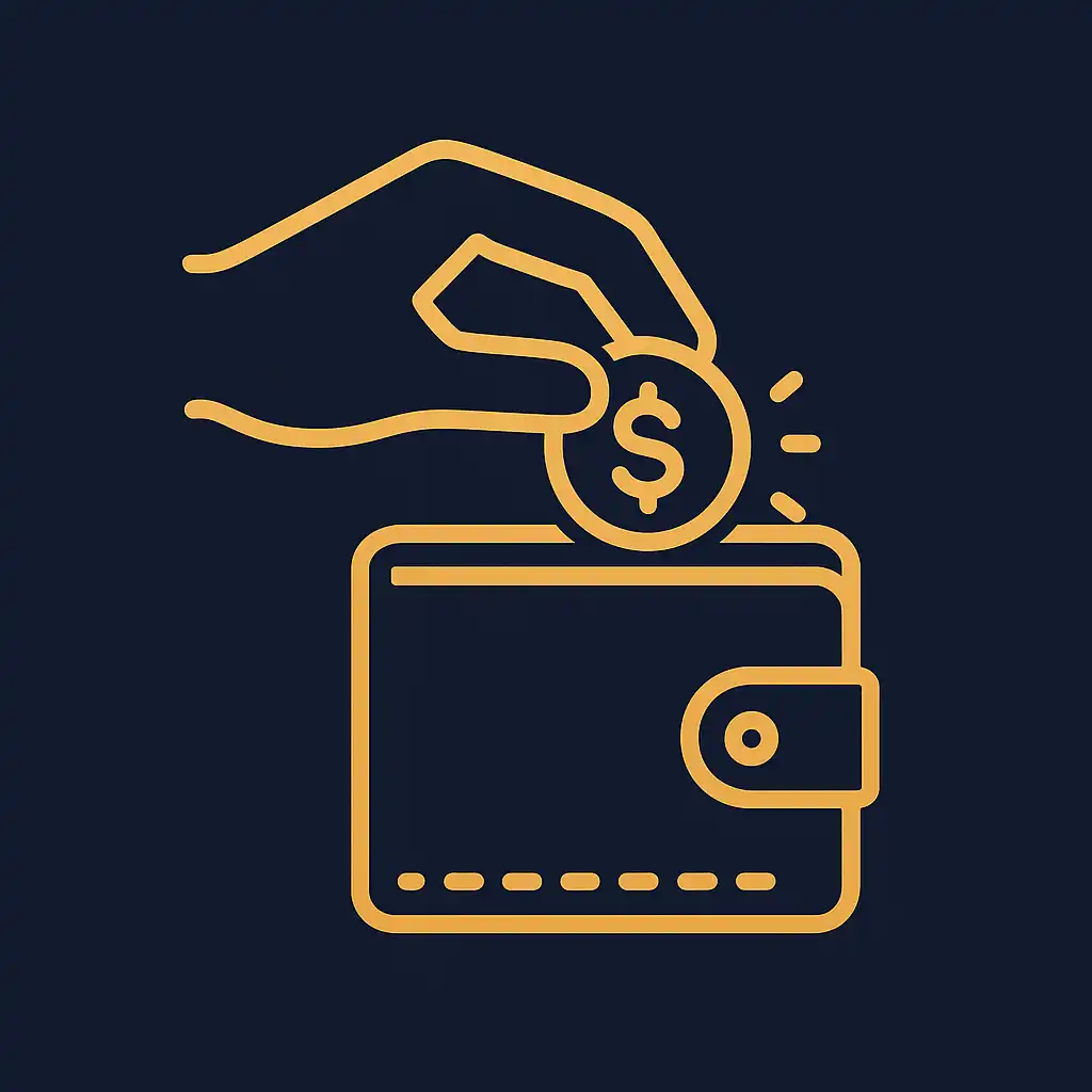 Illustration of a hand depositing a gold coin into a wallet