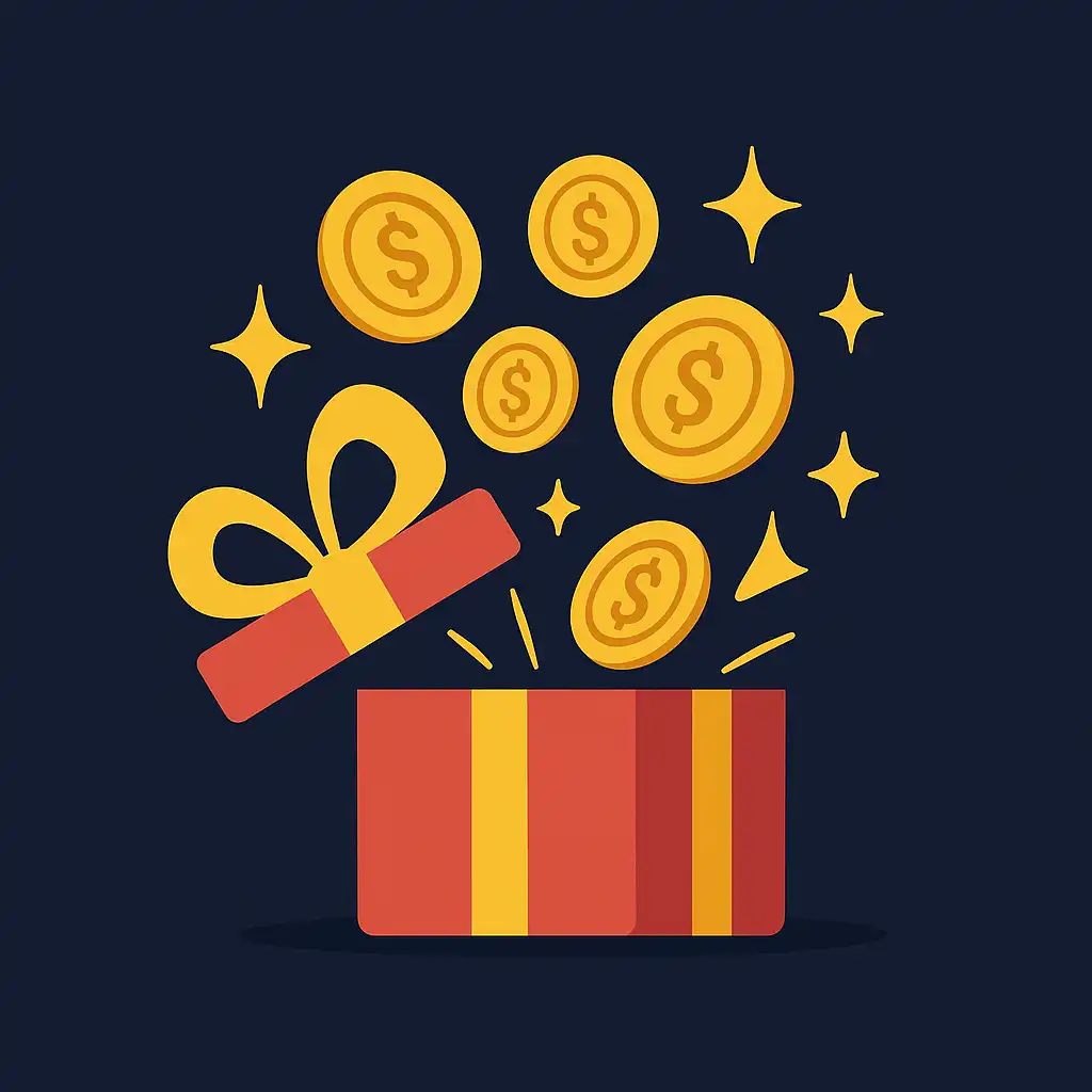 Illustration of a gift box bursting with gold coins